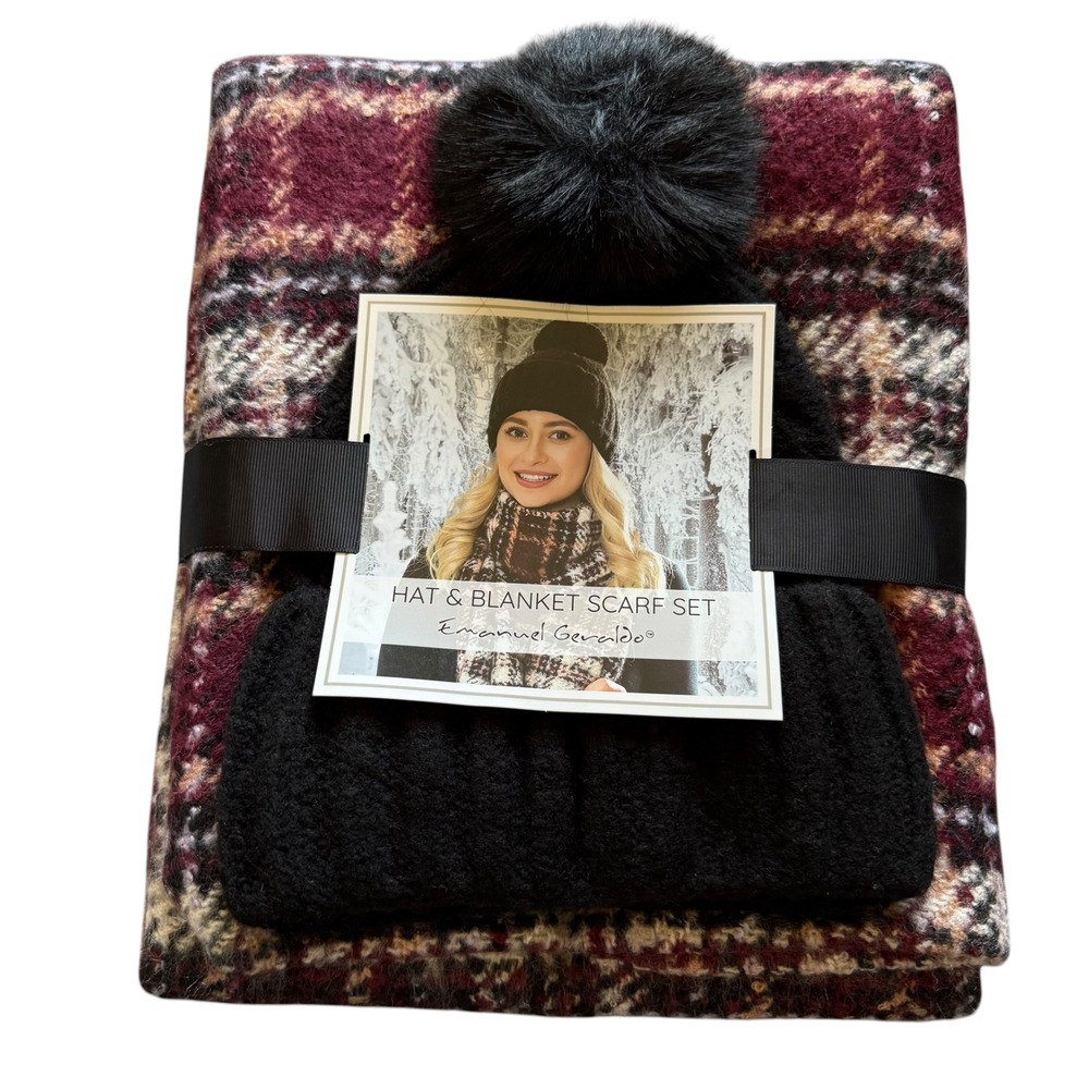 Emanuel Geraldo Hat & Blanket Scarf Set Women OS Burgundy New Plaid Pom Beanie